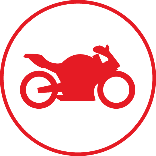 Circular icon with a motorcycle in the centre